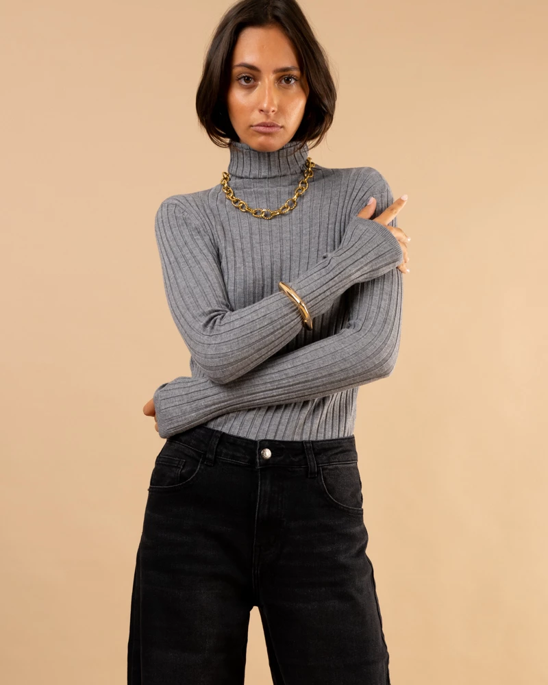 Pull strie col roulé