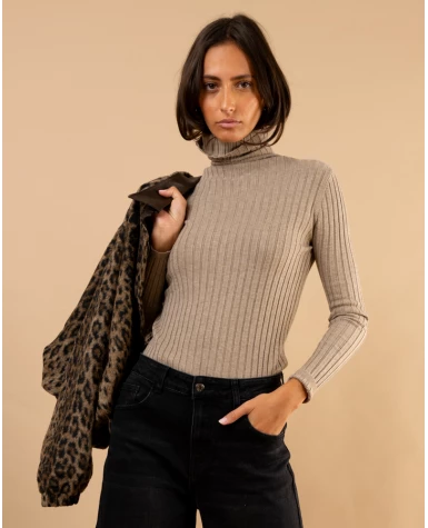 Pull strie col roulé