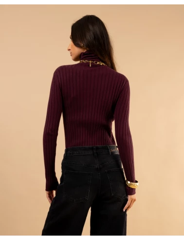 Pull strie col roulé