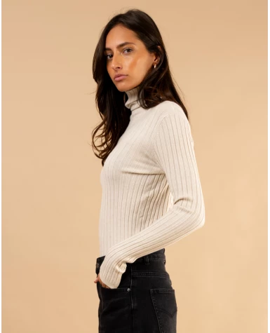 Pull strie col roulé