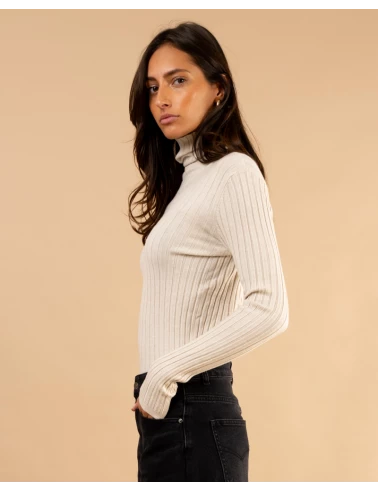 Pull strie col roulé